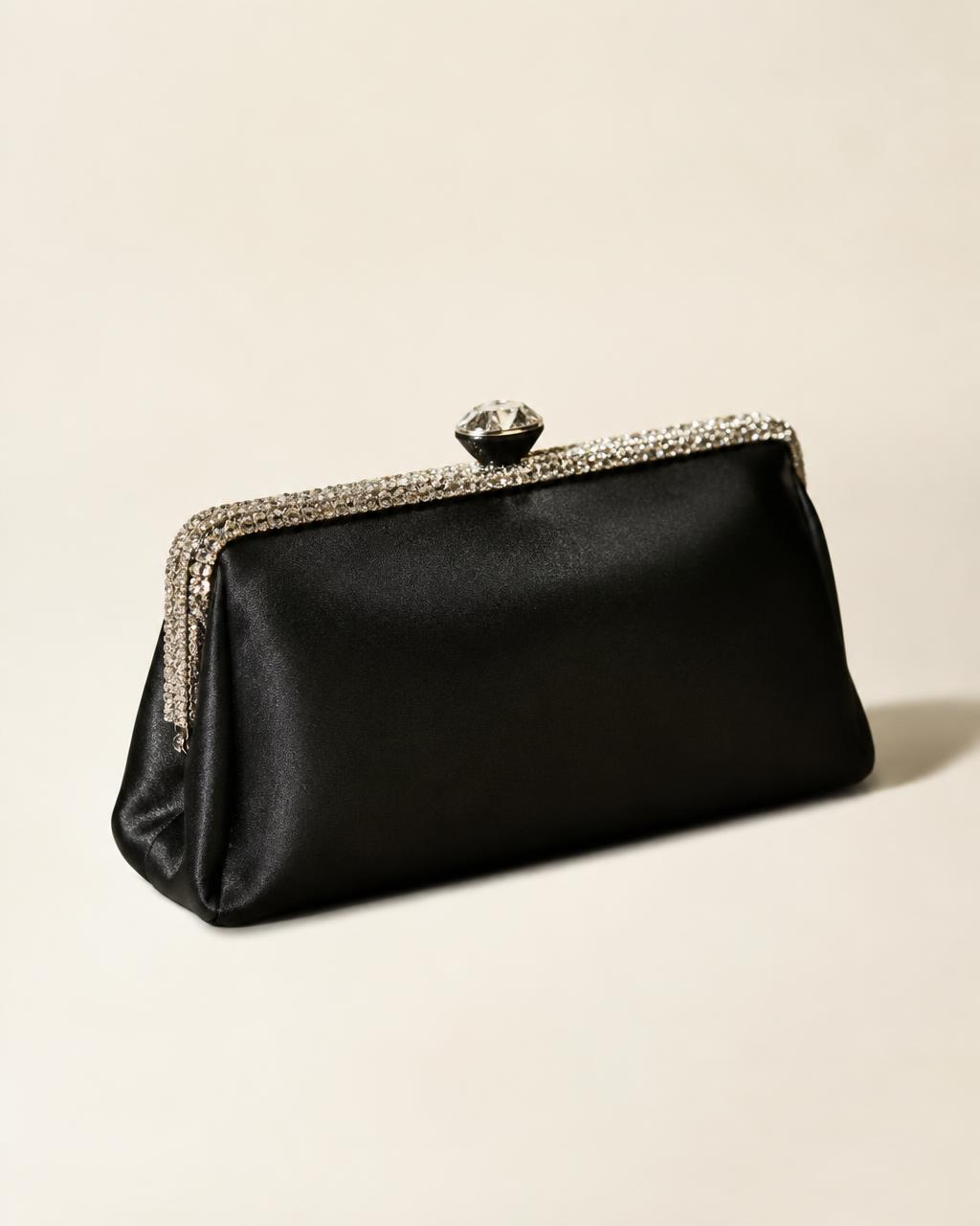 Black satin evening clutch with a crystal-set frame