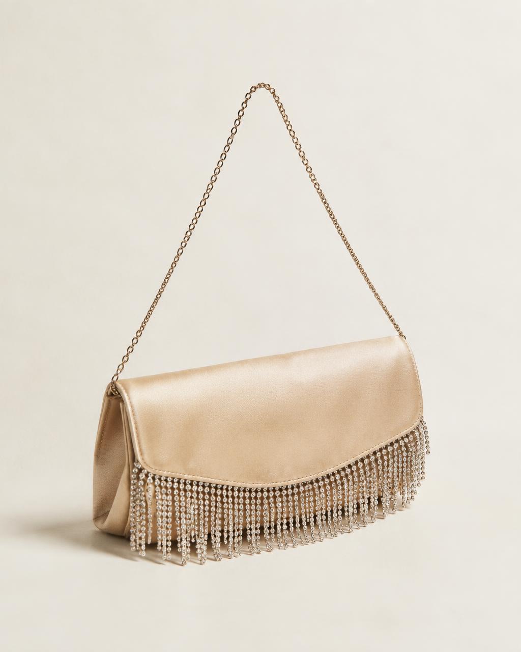 Champagne silk evening bag with crystal fringe and a fine chain strap