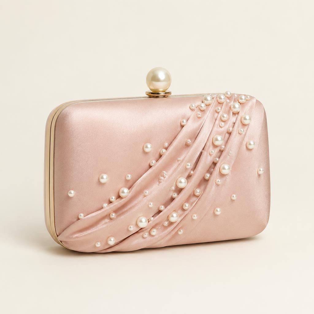 Blush satin clutch scattered with pearls and a pearl closure