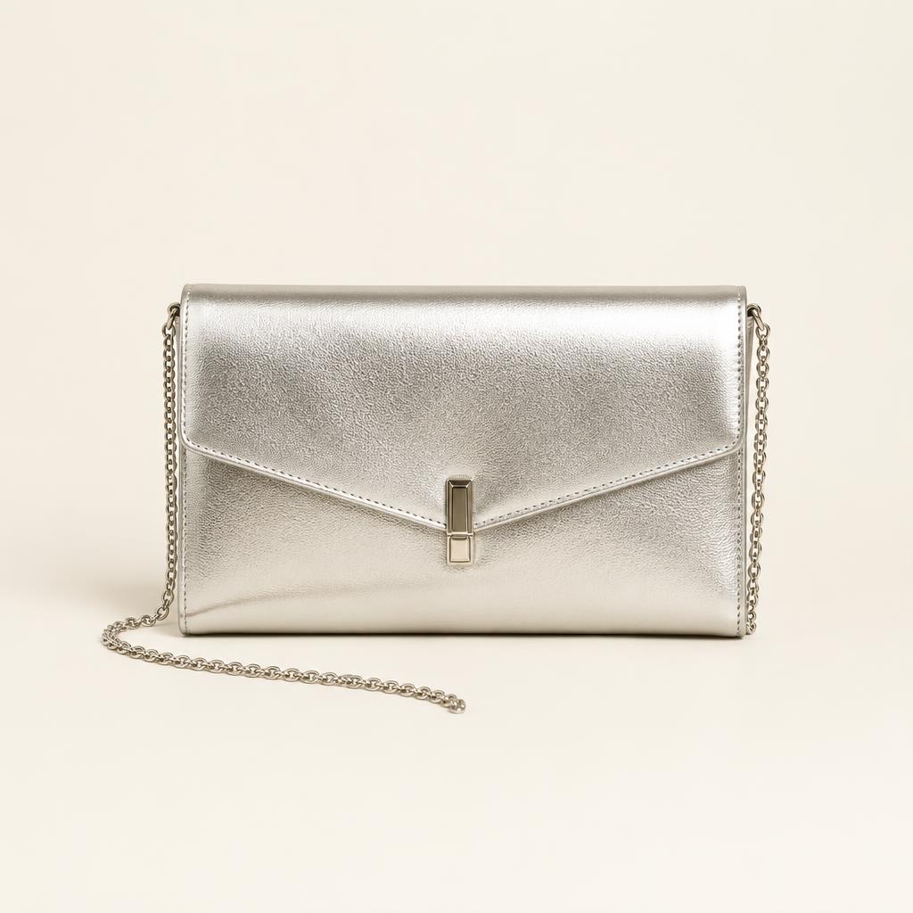 Silver metallic leather envelope clutch with a fine chain strap
